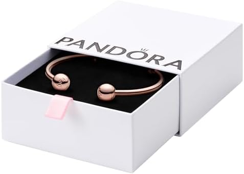 Pandora Moments 14k Rose Gold-Plated Open Bangle Bracelet for Women - Compatible Moments Charms - Features Rose - Gift for Her, With Gift Box