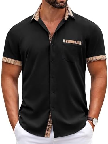 COOFANDY Mens Short Sleeve Dress Shirts Casual Wrinkle Free Shirt Plaid Collar Summer Button Down Shirts