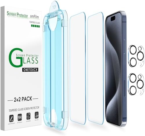 amFilm Easiest Installation OneTouch for iPhone 15 Pro Max Screen Protector [6.7 Inch] Tempered Glass + Camera Lens Protector, Auto-Alignment Tech, Bubble Free, Case Friendly, Anti-Scratch [2+2 Pack]