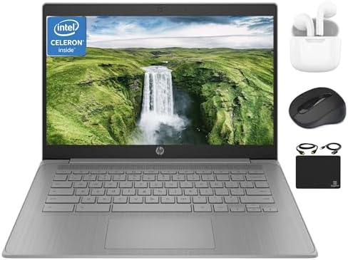 HP Chromebook Thin Laptop Student Business 2024, 14" HD Display, Quad-Core Intel Celeron N4120 Processor, 4GB RAM, 64GB eMMC, HD Webcam, WiFi, Long Battery, Chrome OS +HubxcelAccessory Gray