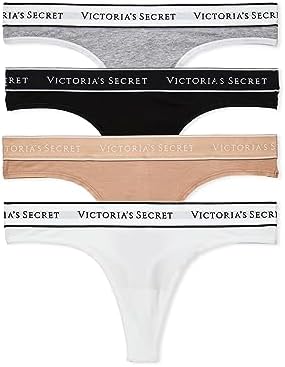 Victoria's Secret Cotton Logo Thong Panty Pack, Underwear for Women, 4 Pack, Multicolor (L)