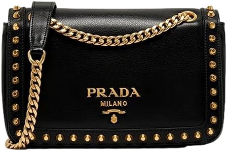 Prada Blue Black Glace Leather Studded Trim Crossbody Handbag 1BD147