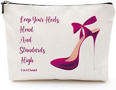 Coco Chanel Quotes Makeup Bag,Fashion Gift for Gilrs, Keep Your Heels Head Standards High Cosmetic Bag Waterproof Linen Travel Accessories for Women, Toiletry Bag Pencil Case for Daughter