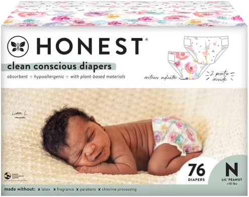 The Honest Company Clean Conscious Diapers | Plant-Based, Sustainable | Rose Blossom + Tutu Cute | Club Box, Size Newborn, 76 Count