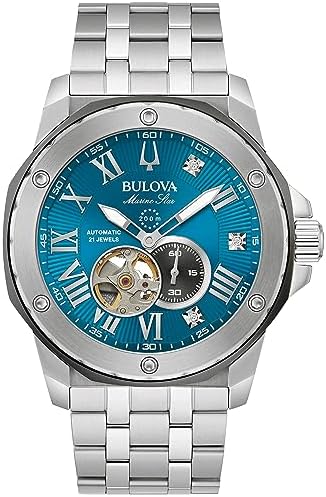 Bulova Marc Anthony Men's Automatic Marine Star Stainless Steel Watch,Open Aperture,Exhibition Case Back,Diamond Accent Blue Sunray Dial, (Model:98D184)
