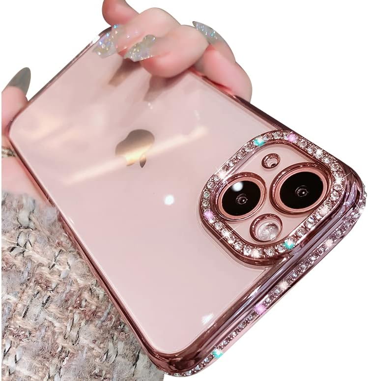 Casechics Compatible with iPhone Case,Luxury Glitter Bling Sparkly Diamond Electro Plated Frame Edge Border Full Body Protective Clear Soft Shockproof Cover Phone Case (Pink,iPhone 13)