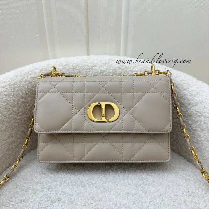 (Pre-loved) Dior Miss Caro Mini Flap Bag in Powder Beige Macrocannage Lambskin and GHW