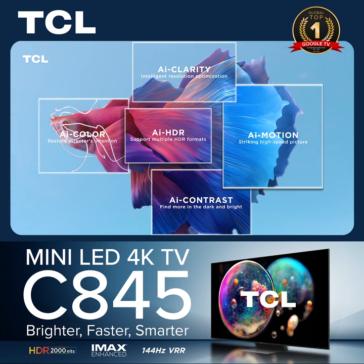 TCL C845 Mini LED Google TV Android TV 55 65 75 inch | HDR 10+ | IMAX Enhanced | Dolby Vision IQ | Dolby Atmos | Onkyo | MEMC | 144 Hz VRR