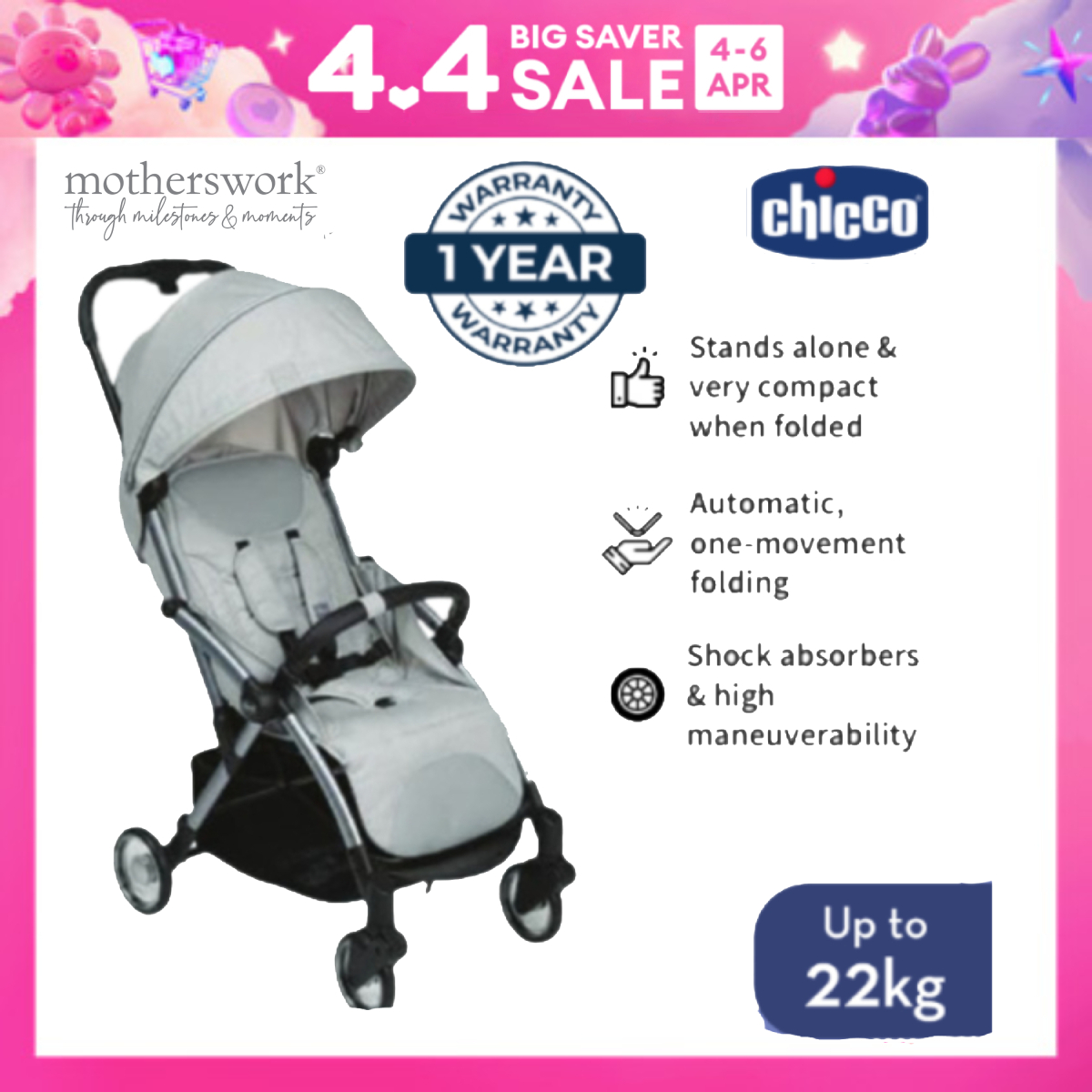 [2 Colors] Chicco Goody Plus Baby Stroller (Auto Folding) - 0+ Months & Above Newborn / Infant