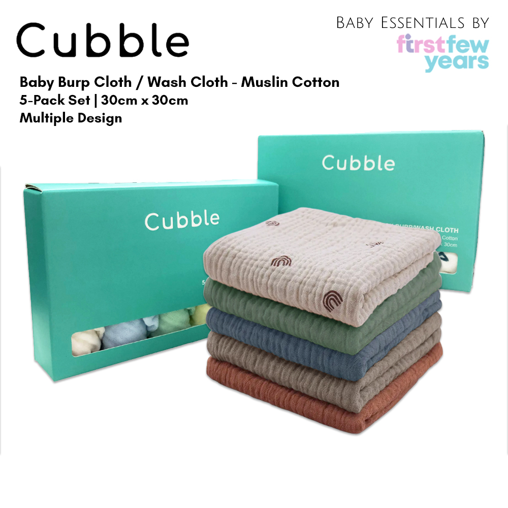 Baby Burp/Wash/Face Cloth 100% Muslin Cotton 5-Pack (30cm x 30cm) by Cubble