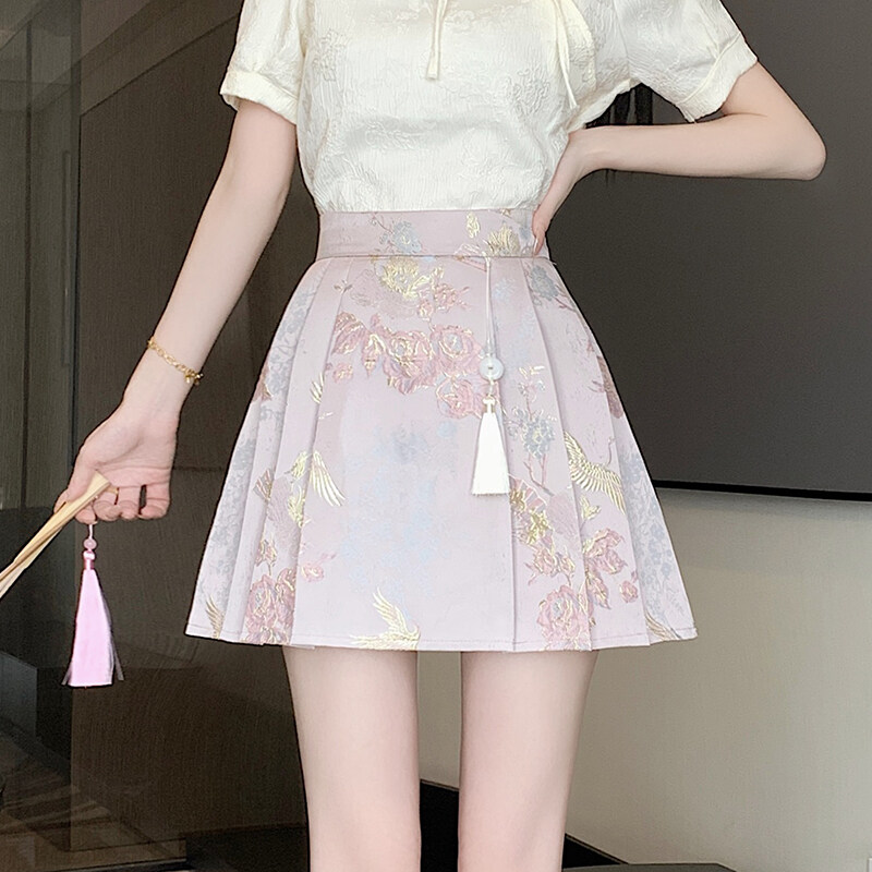 YIGE High end satin jacquard horse face skirt 2024 new Chinese style half skirt for women with small stature and pleated short skirt