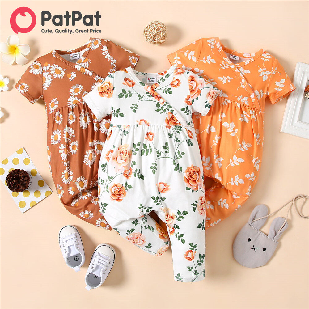 PatPat Baby Girl Clothes All Over Floral Print V Neck Short-sleeve Snap-up Jumpsuit