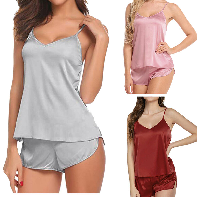 Women V Neck Satin pajama set Sleepwear Slik Sling Nightwear vest sleeveless shorts loungewear