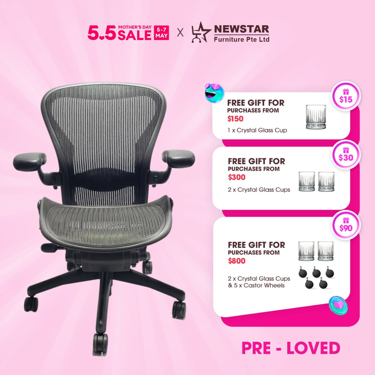 Herman Miller Aeron Chair Classic Lumbar Support Model, Size B, Office Chair - NewStar Furniture - Delivery within 24hr
