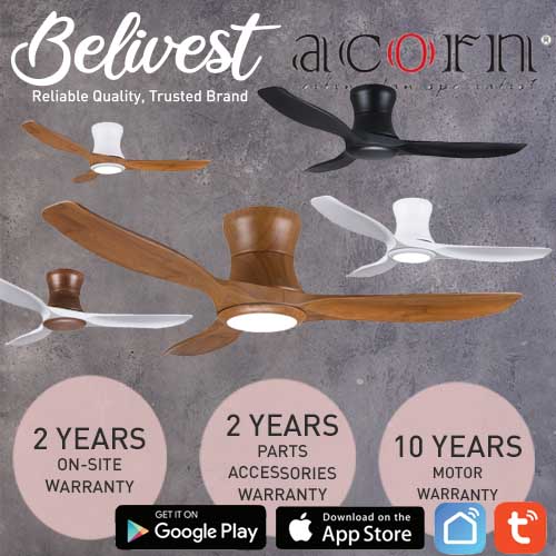 (PRICE GUARANTEED) Acorn DC-168 HUGGER SMART Ceiling Fan - 3 Blades 42,48 Inch - White/Black/Wood - With/Without 20W LED - google home, amazon alexa,  tuya smart life